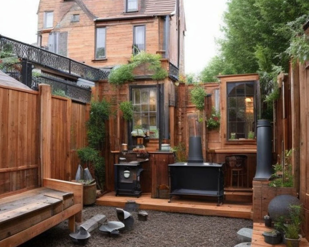 Cozy backyard with wooden fencing, decking, furniture, wood stove, lush green plants, near brick