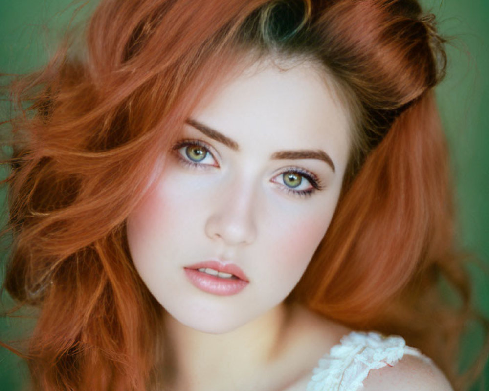 Young woman with red hair and green eyes on soft green background