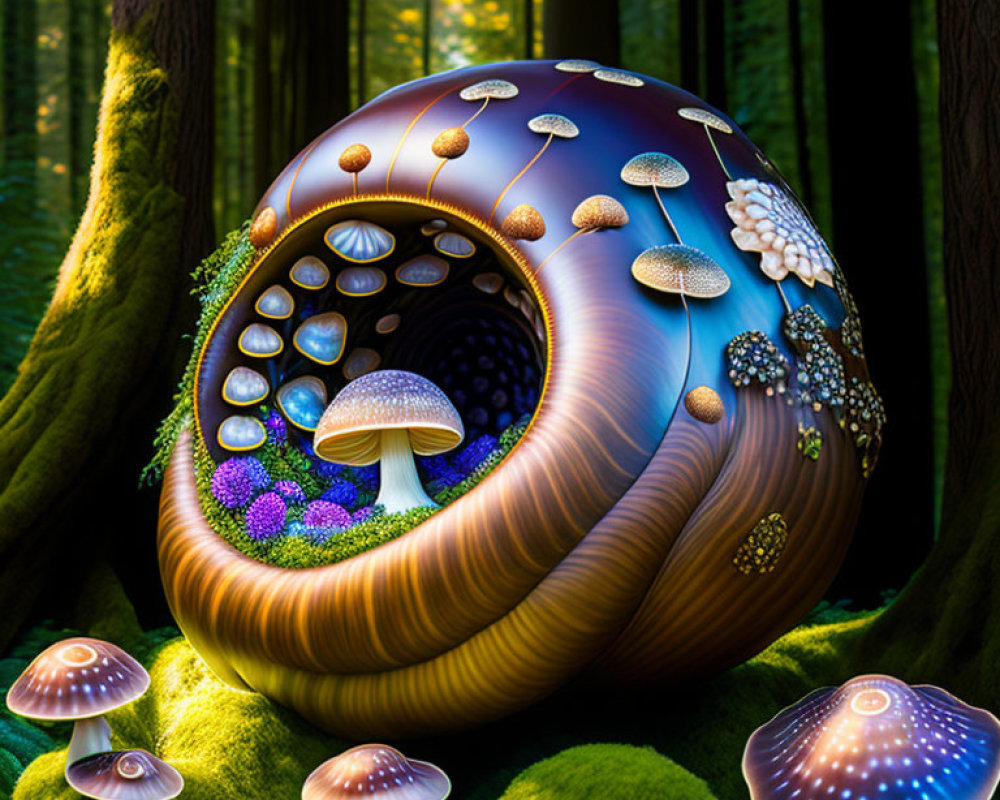 Fantastical nautilus-shaped structure with mushrooms in mystical forest.