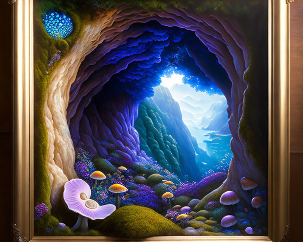 Fantasy landscape painting: Enchanted forest with glowing mushrooms and distant mountains