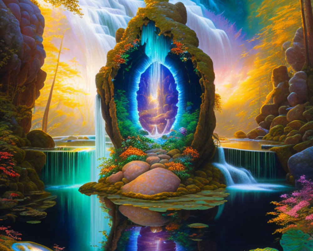 Fantastical landscape with luminous portal, waterfall, lush foliage