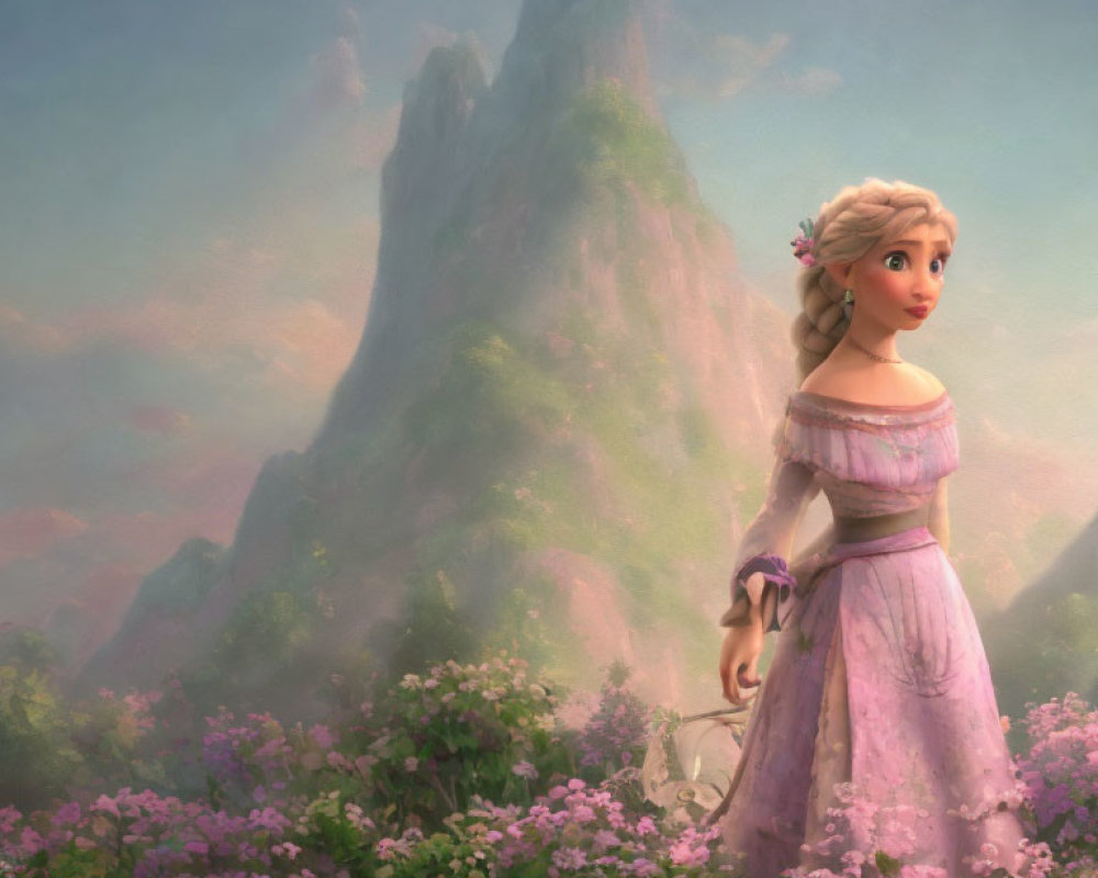 Animated princess in purple dress in flower meadow with misty mountain.