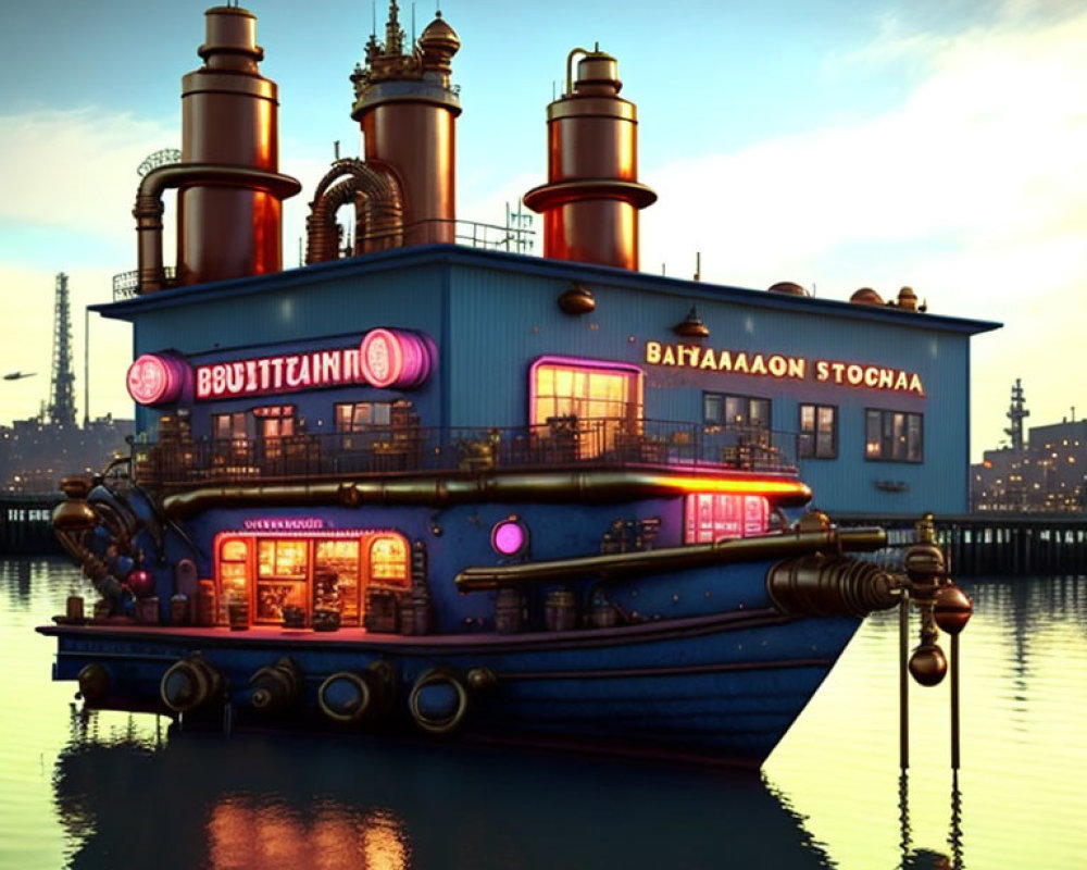 Architectural masterpiece: floating ship-like building at dusk.