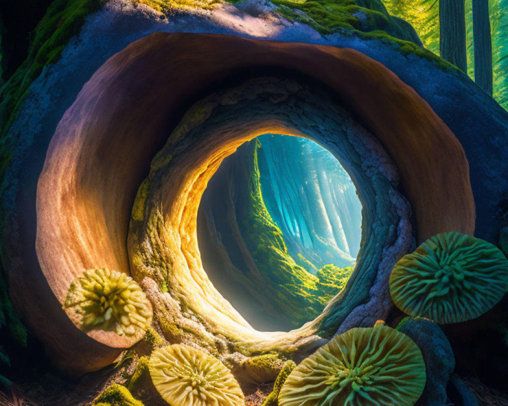 Mossy forest scene with hollow tree trunk and mushrooms