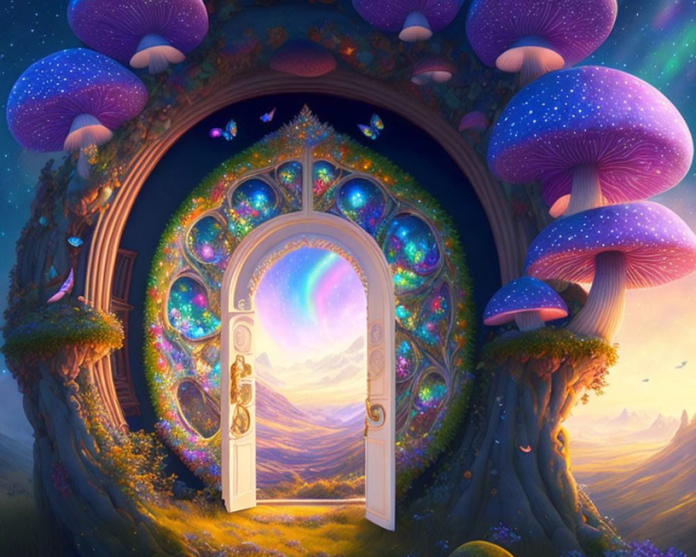 Illustration of ornate door opening to mystical mountain landscape.