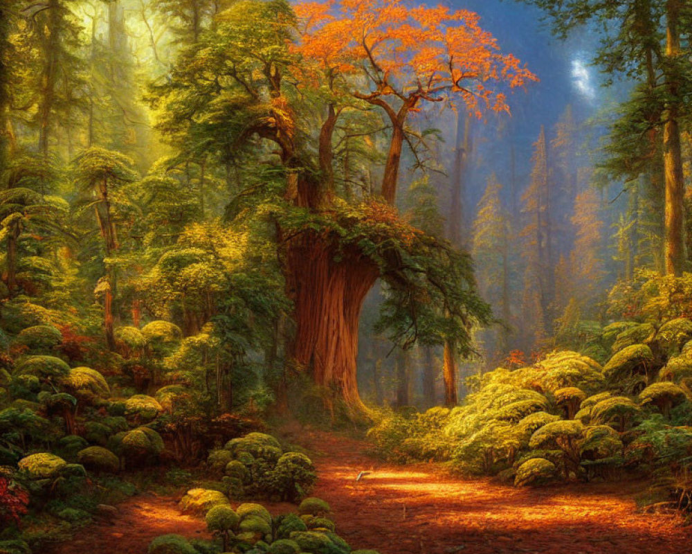 Sunlit enchanted forest with ancient tree and lush greenery