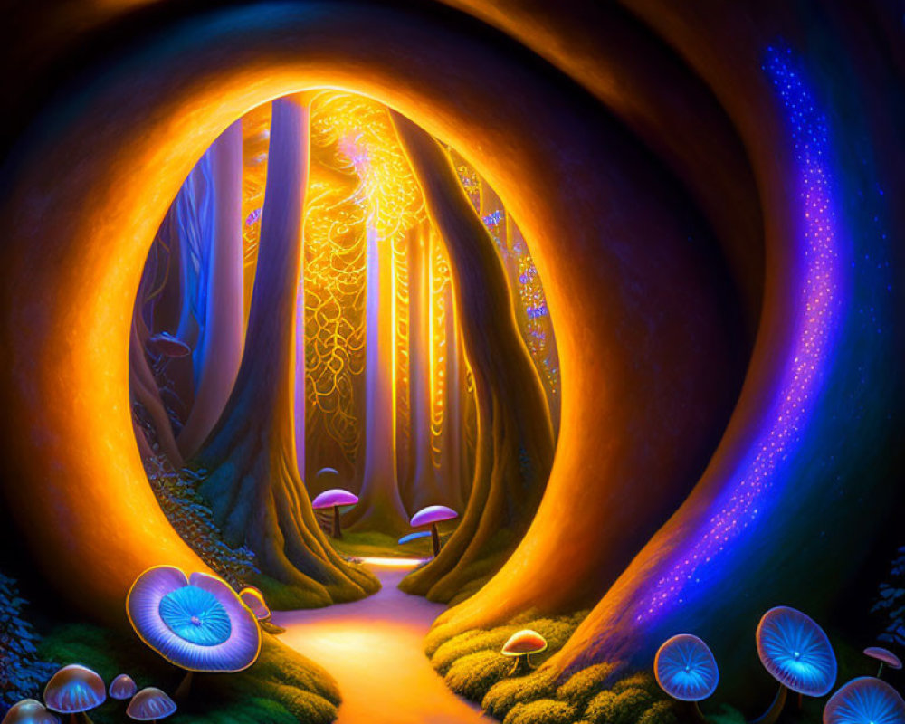 Enchanting forest path with luminous mushrooms and glowing trees