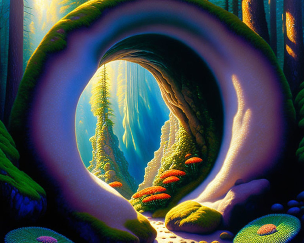 Enchanted forest scene with circular tunnel, sunlight, and vibrant mushrooms