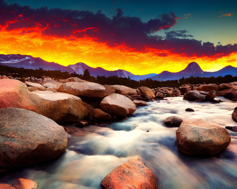 Scenic sunset over mountain landscape with fiery clouds reflected in river