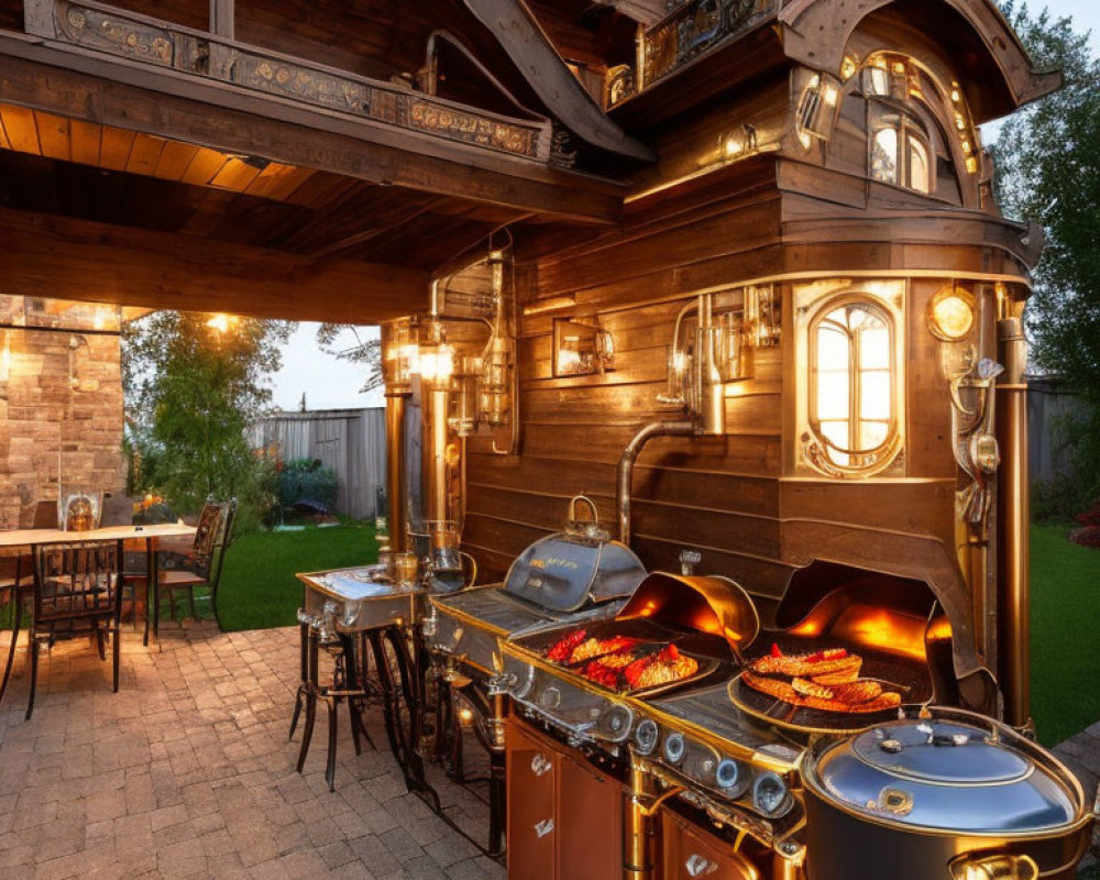 Modern outdoor kitchen with wood accents, stone wall backdrop, and grilled food on a wooden deck