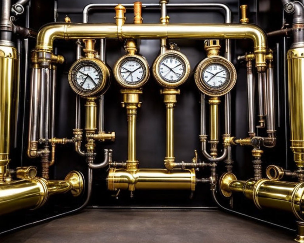 Brass piping with pressure gauges on black background - Industrial aesthetic and intricate craftsmanship