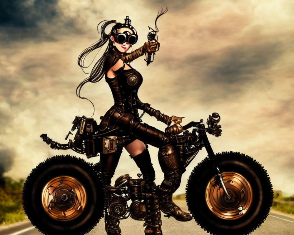 Steampunk-themed woman with goggles and revolver by bike on cloudy road