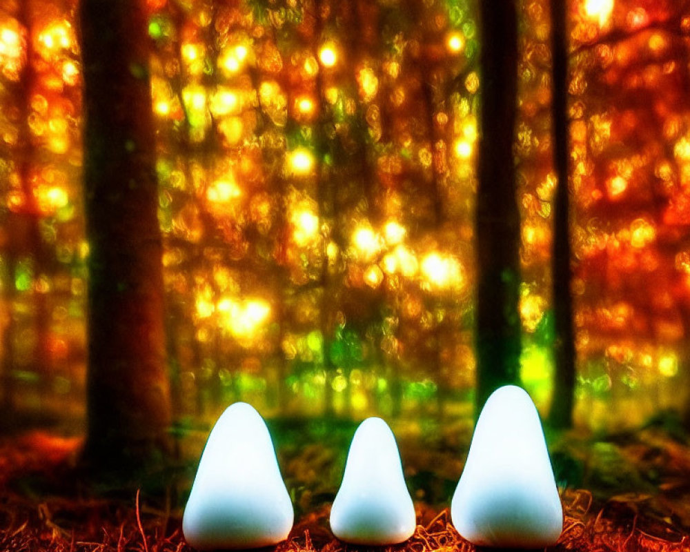 Glowing white shapes in forest with orange and yellow bokeh effects