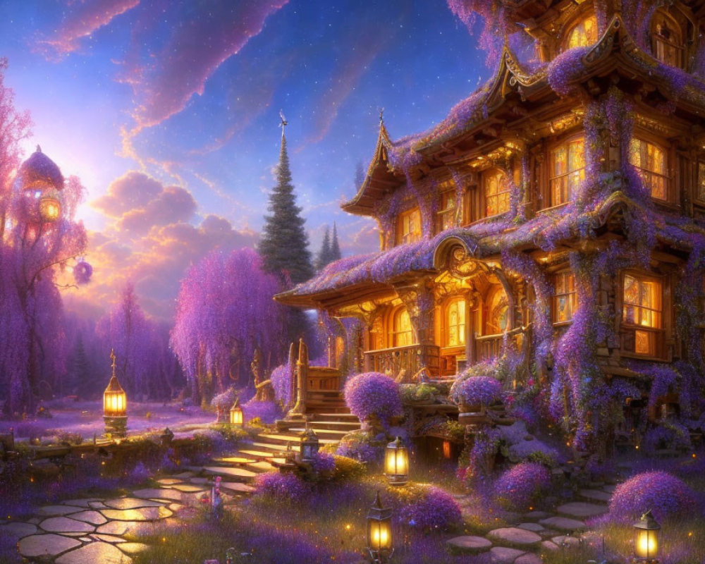 Enchanting illuminated cottage in lush purple flora under twilight sky