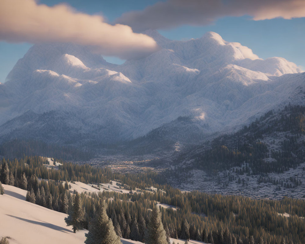 Snow-covered mountains, forest, and village in serene winter landscape