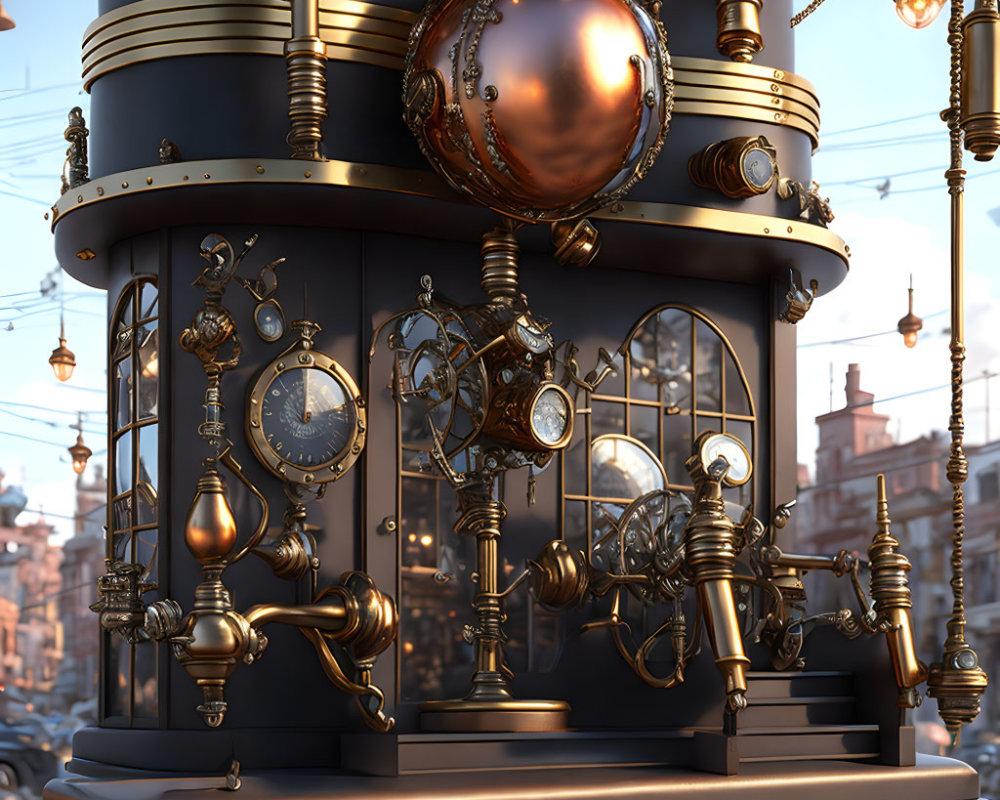 Steampunk device with brass gears and clock elements in old cityscape at dusk