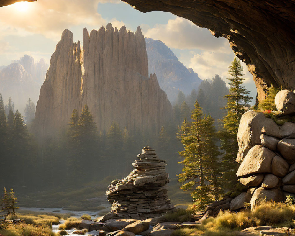 Natural Arch Frames Majestic Rocky Pinnacle at Sunset