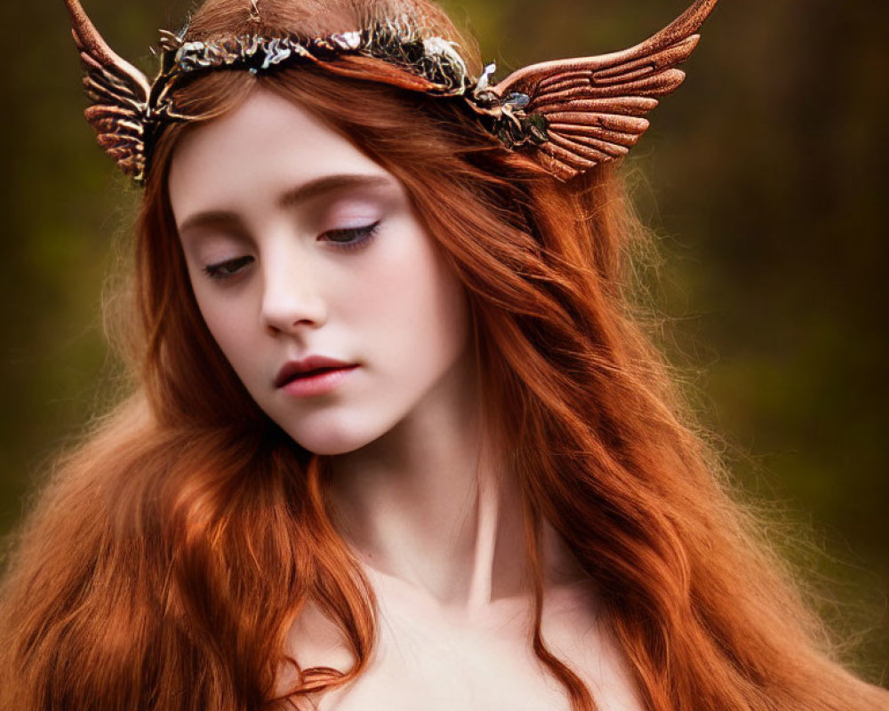 Long red-haired woman in fantasy headdress with metal wings