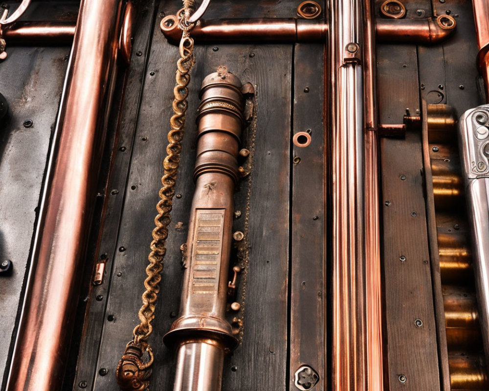 Polished copper pipes and chained metallic cylinder in steampunk design