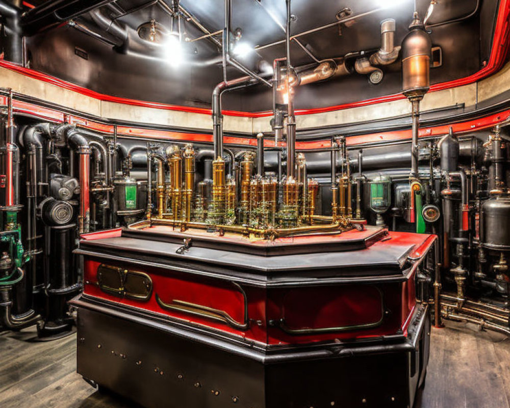 Steampunk-themed room with brass machinery, black walls, red accents, and industrial lamps