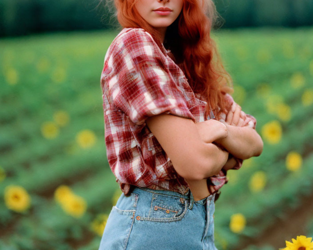 Red-Haired Woman in Plaid Shirt and Denim Shorts Standing in Sunflower Field