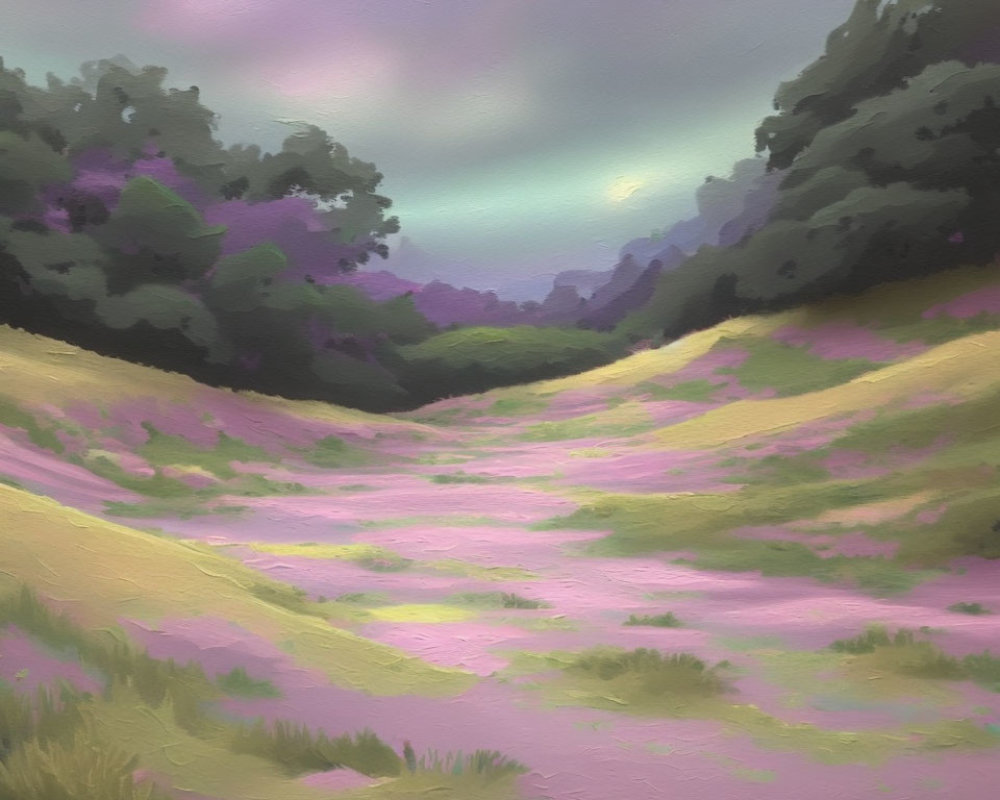 Pastel-colored landscape painting of blooming meadow and tranquil sky