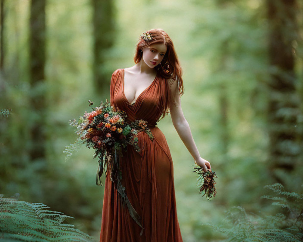 Woman in burnt orange dress with floral crown in forest scene