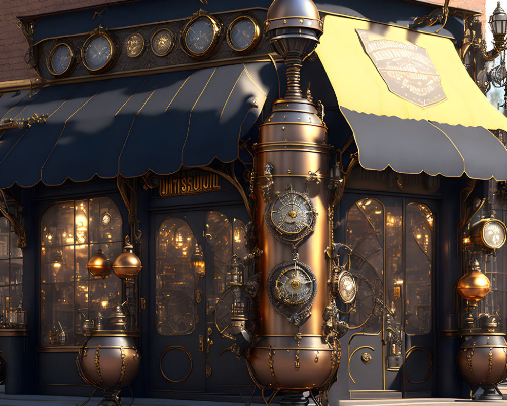 Steampunk-inspired storefront with clockwork pillar, brass details, and glowing lamps