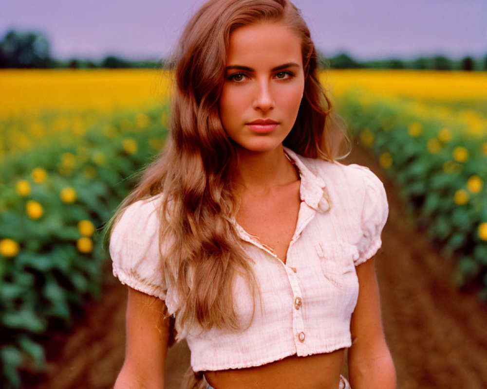 Woman in white crop top and denim jeans in sunflower field under purple sky