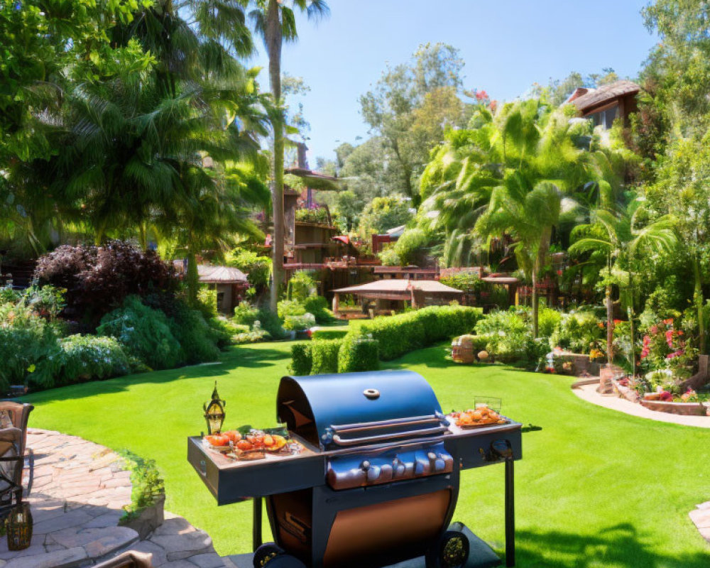 Vibrant garden with manicured lawn and outdoor grill in sunny yard