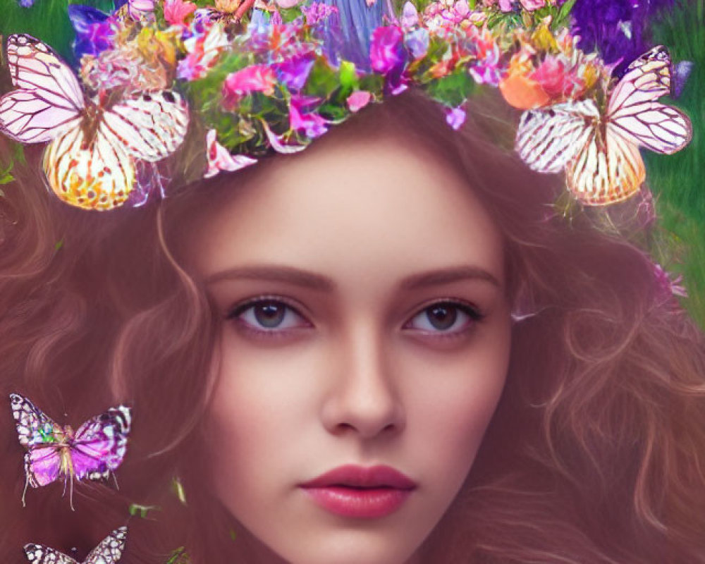 Woman with Curly Hair, Flower Crown, Purple Flowers, and Butterflies