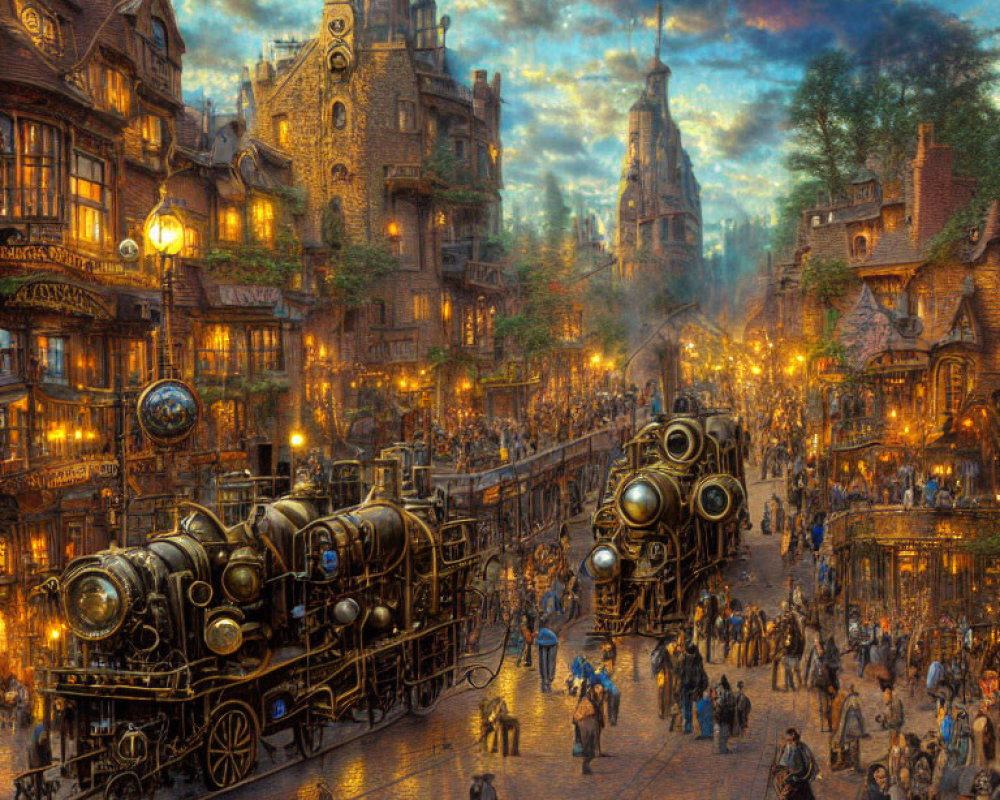 Steampunk cityscape at dusk with ornate buildings, steam train, and bustling streets
