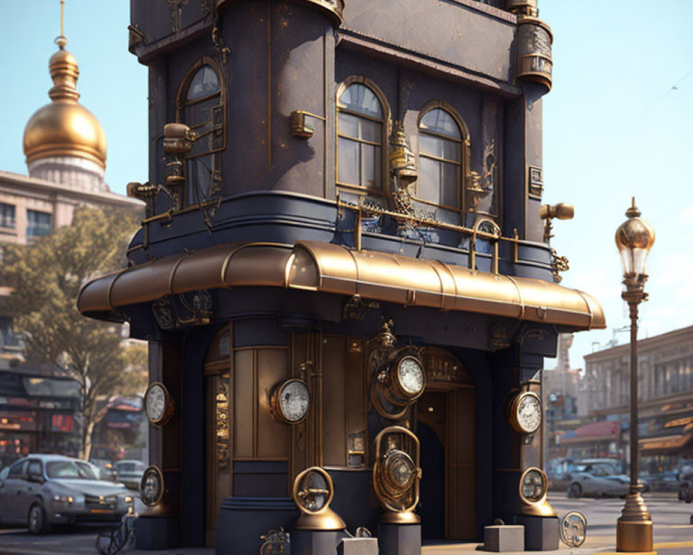 Steampunk-inspired building corner with bronze details, gears, clocks, vintage street lamps at dusk