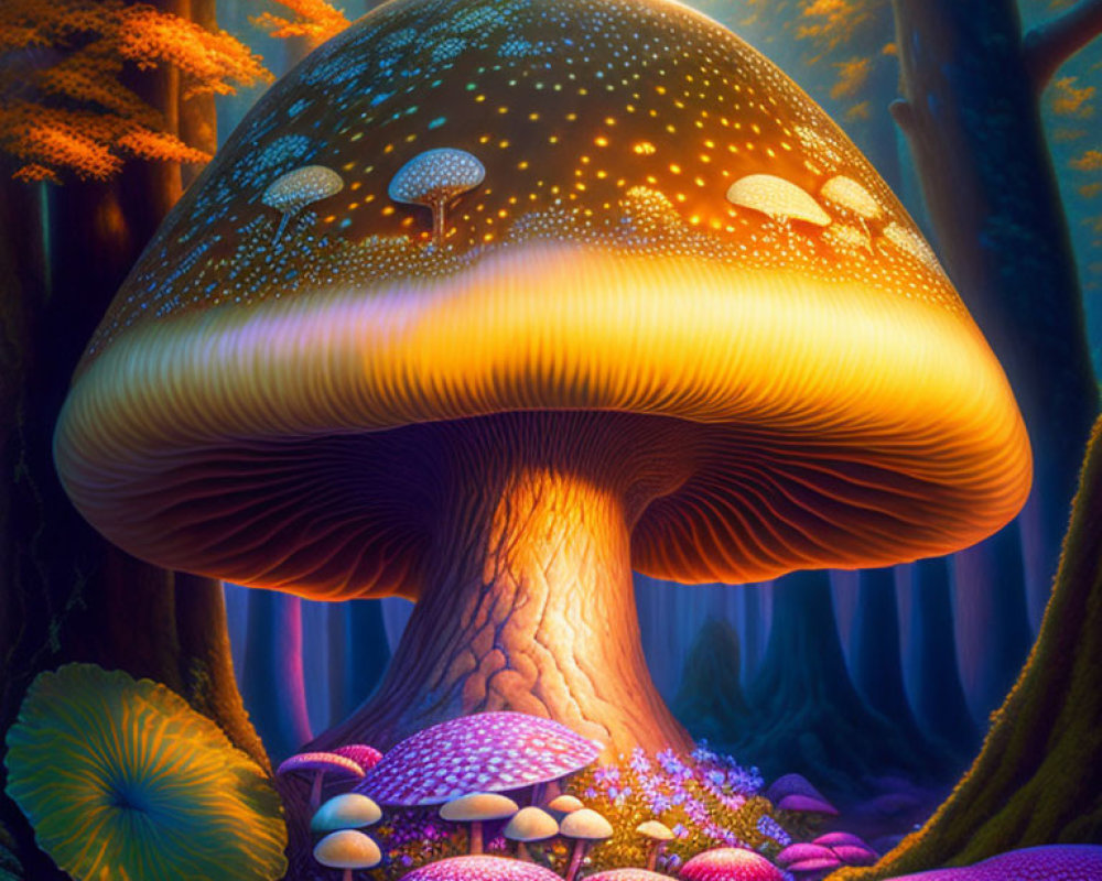 Colorful oversized mushroom in mystical forest artwork.