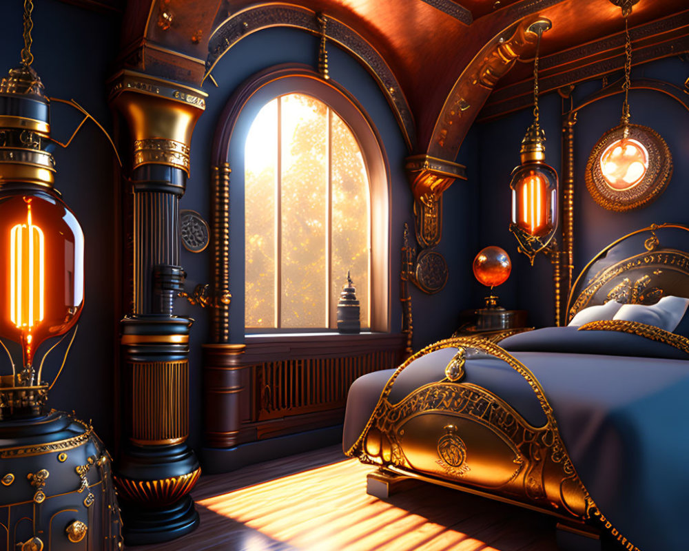 Luxurious Steampunk-Styled Bedroom with Large Bed, Wooden Walls, Gears, and Tower