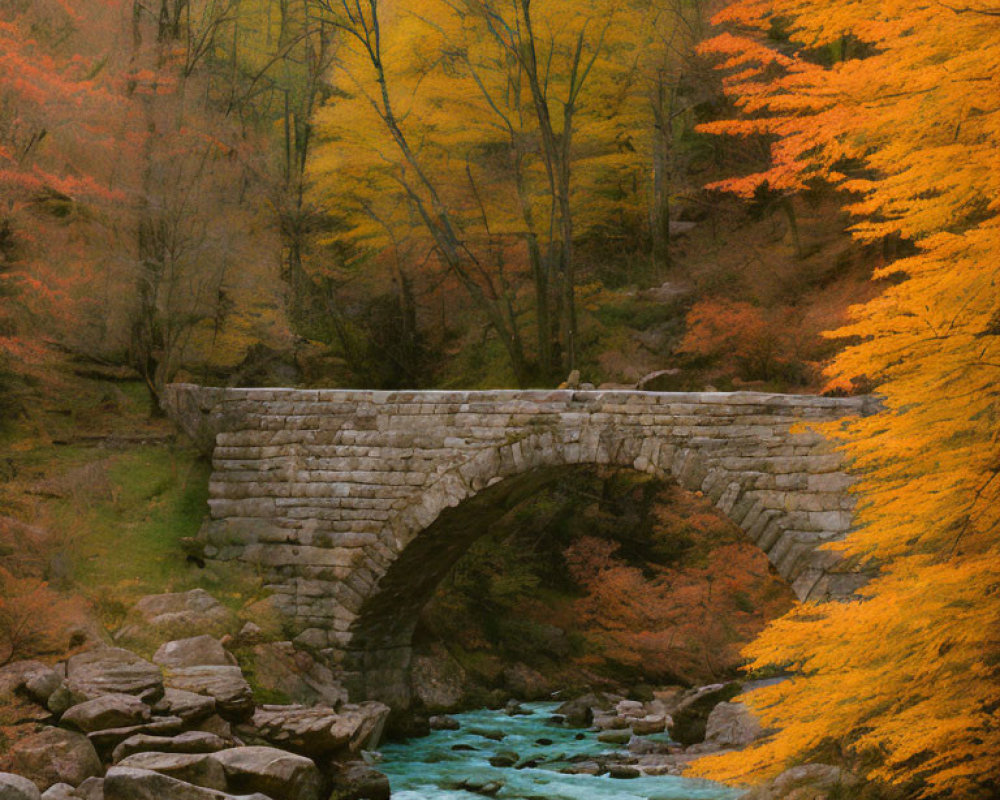 Ancient stone bridge over turquoise stream in autumn forest