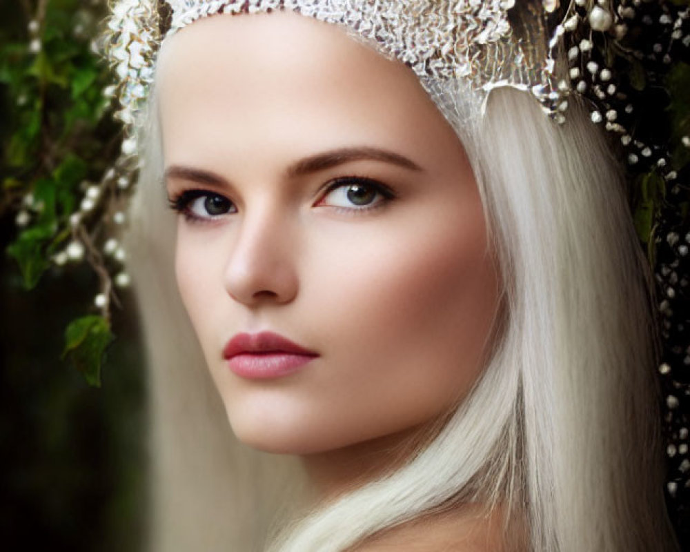 Woman with Long White Hair in Decorative Headpiece Surrounded by Green Foliage