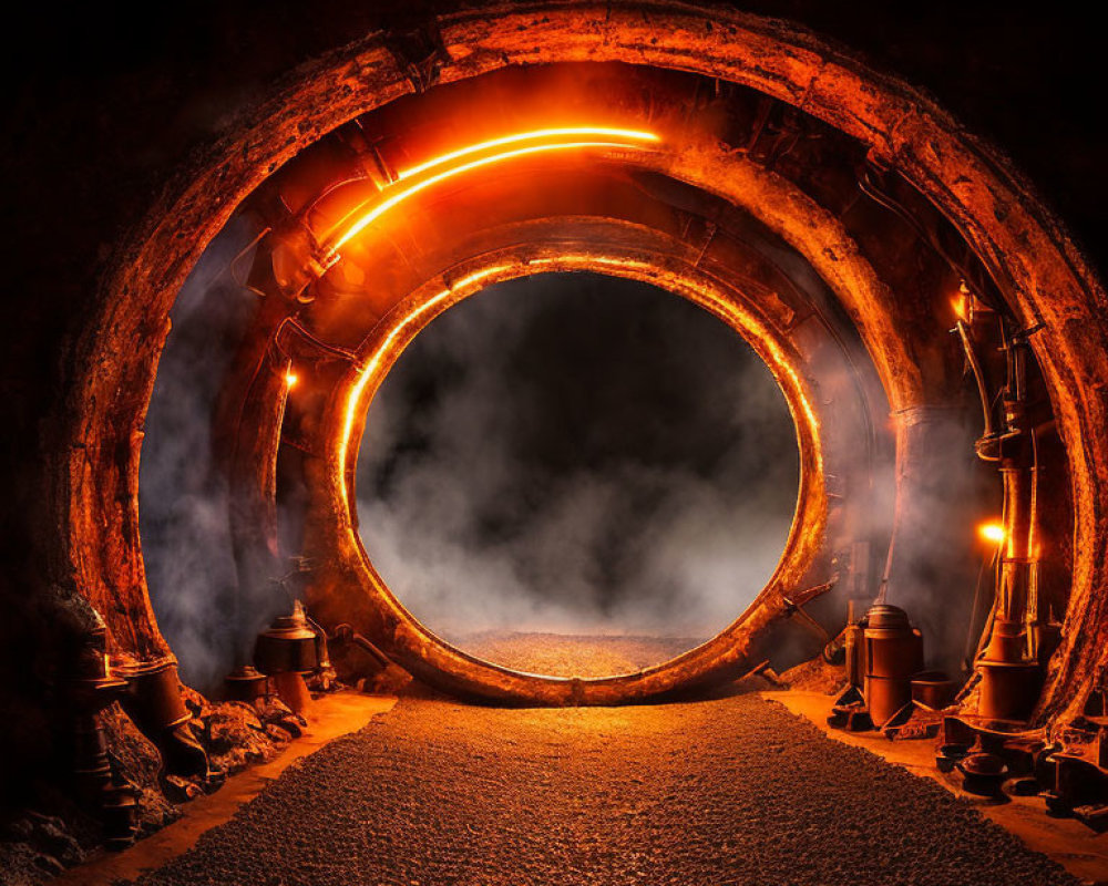 Circular Tunnel Illuminated with Warm Orange Lights and Old-Fashioned Lanterns