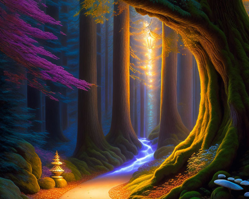 Colorful Trees and Glowing Pathway in Magical Forest Scene