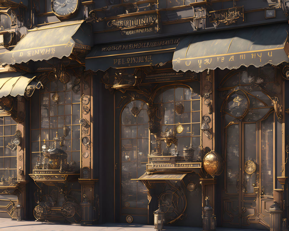 Steampunk-style building facade with intricate metalwork and brass details