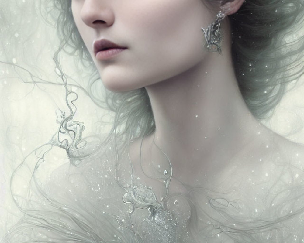 Ethereal woman with blue-gray eyes and silver jewelry in misty aura