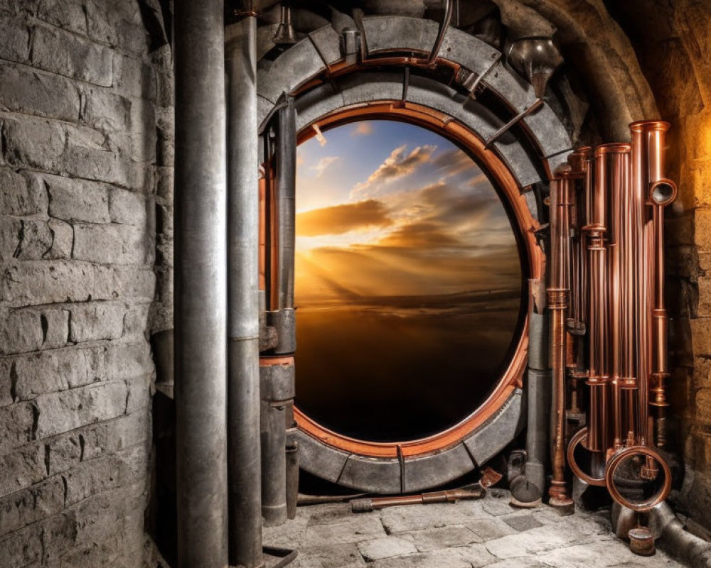 Circular porthole window in stone wall with copper pipes, showing vibrant sunset and clouds.