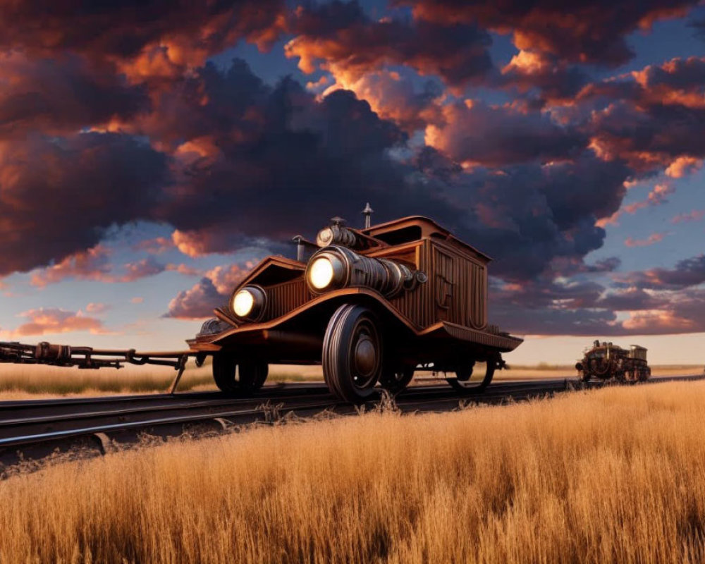 Vintage Wooden Car with Oversized Headlights on Railway Tracks in Golden Fields at Dusk