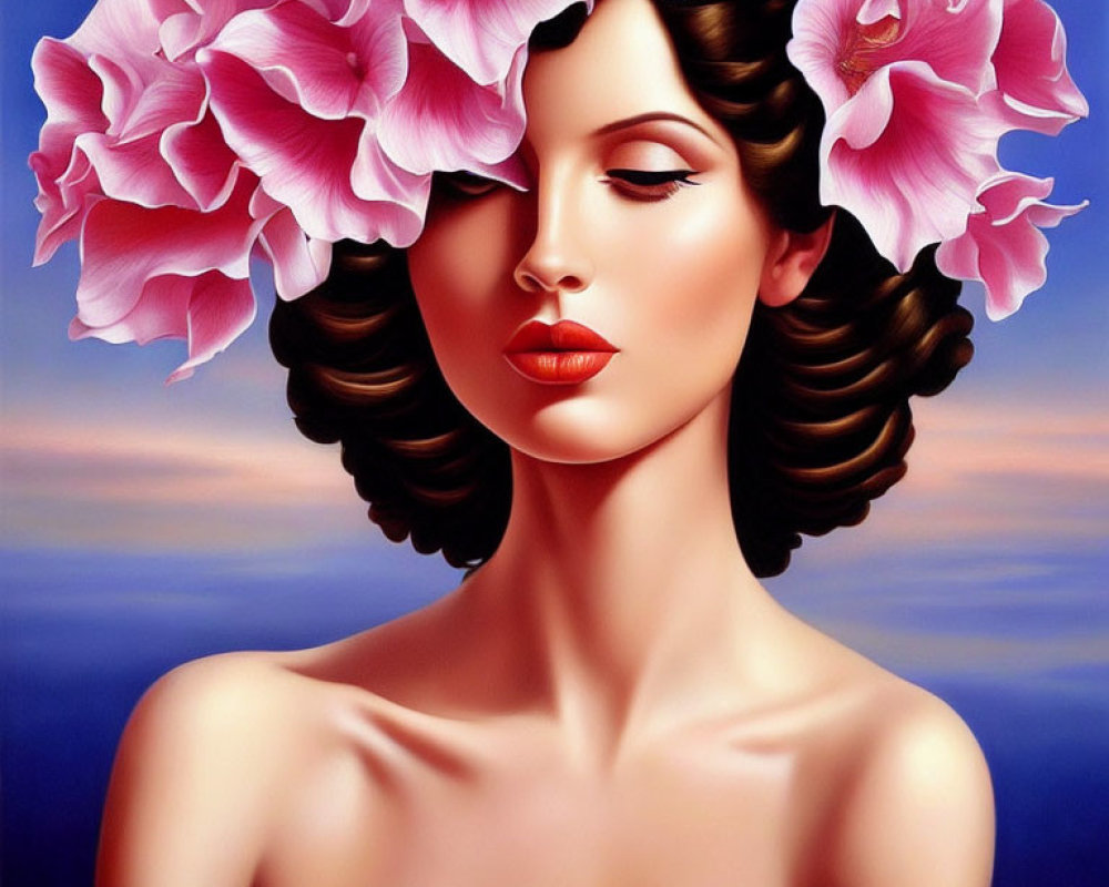 Stylized portrait of woman with pink flowers in hair at sunset