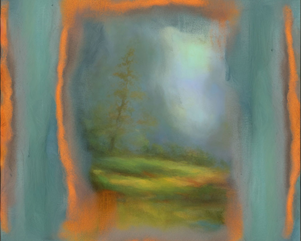 Blurred forest scene with hazy tree in vibrant orange border