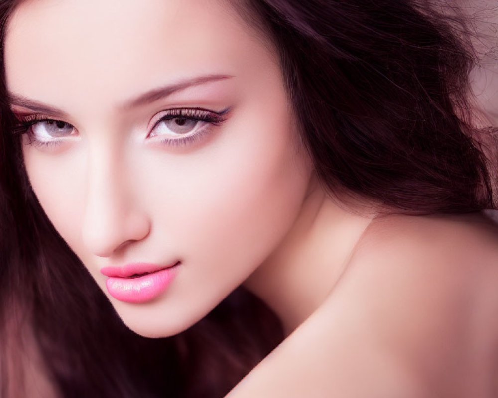 Portrait of Woman with Prominent Eyeliner and Pink Lip Color