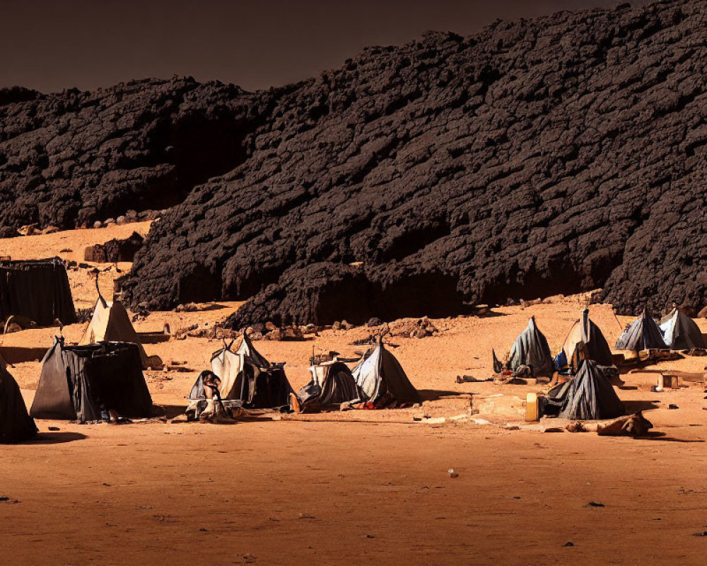 Traditional tents in desert encampment under dramatic dark sky