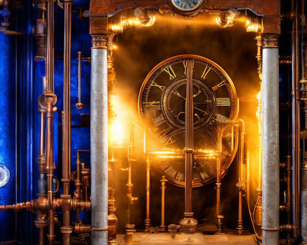 Steampunk-inspired room with ambient lighting and gear-operated clock.