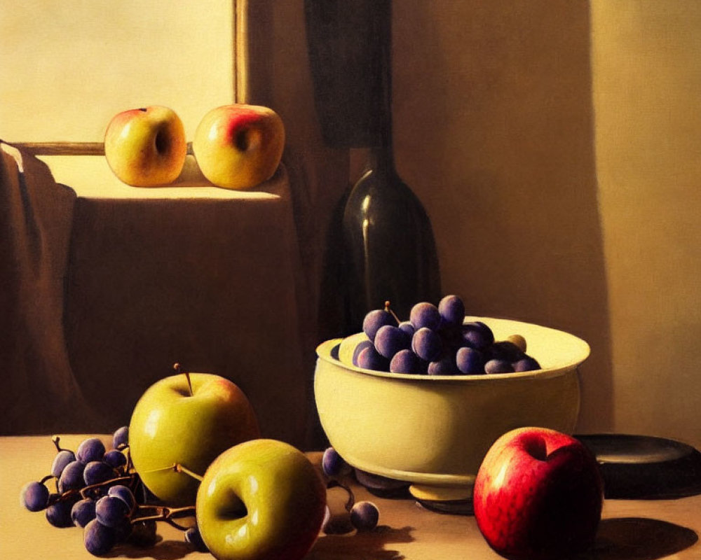 Classic still life painting with apples, grapes, bowl, and bottle