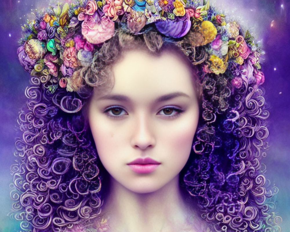 Surreal portrait of woman with curly hair and flower crown on mystical purple background